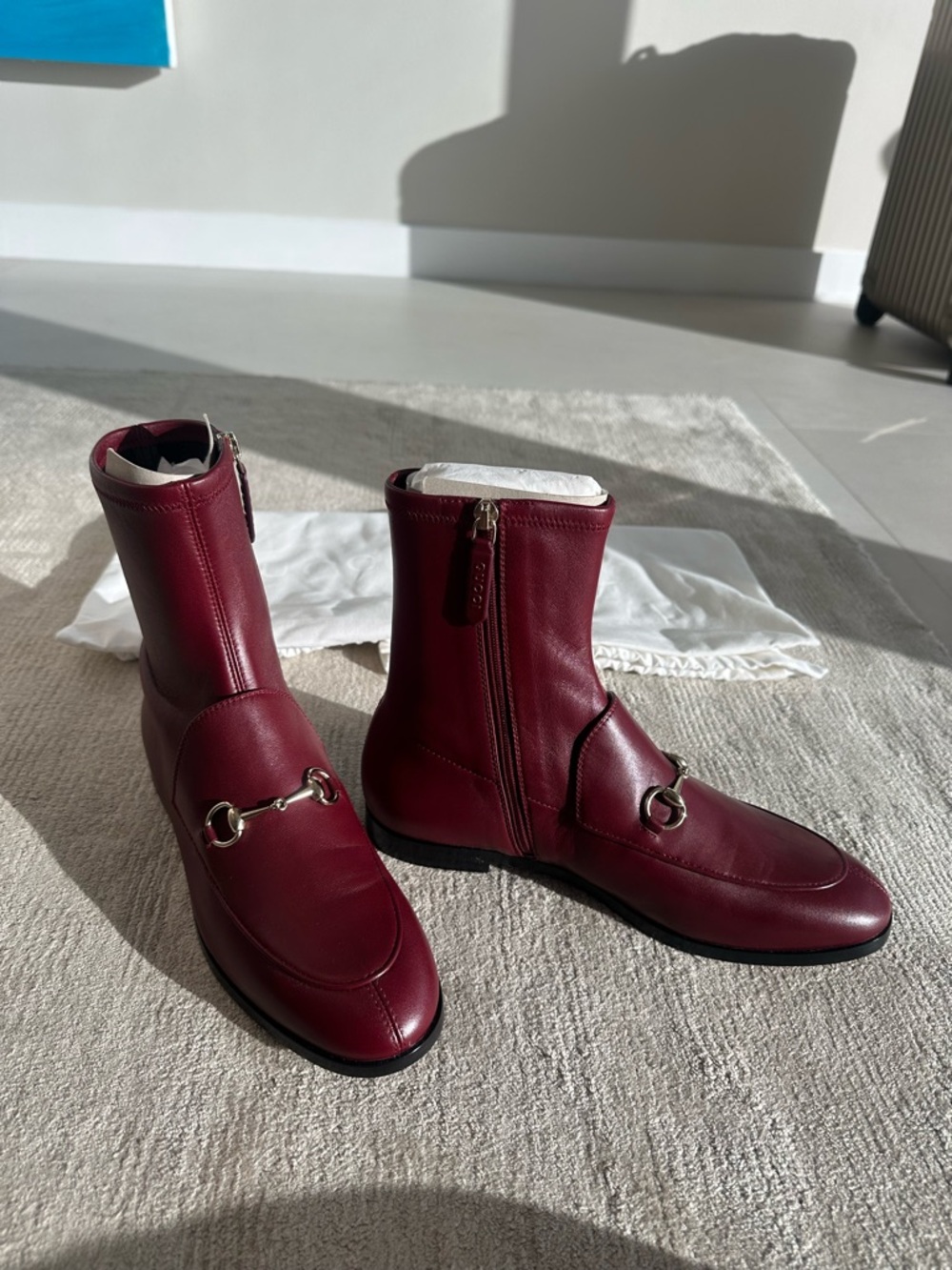 Gucci Burgundy Leather Horsebit Ankle Boots